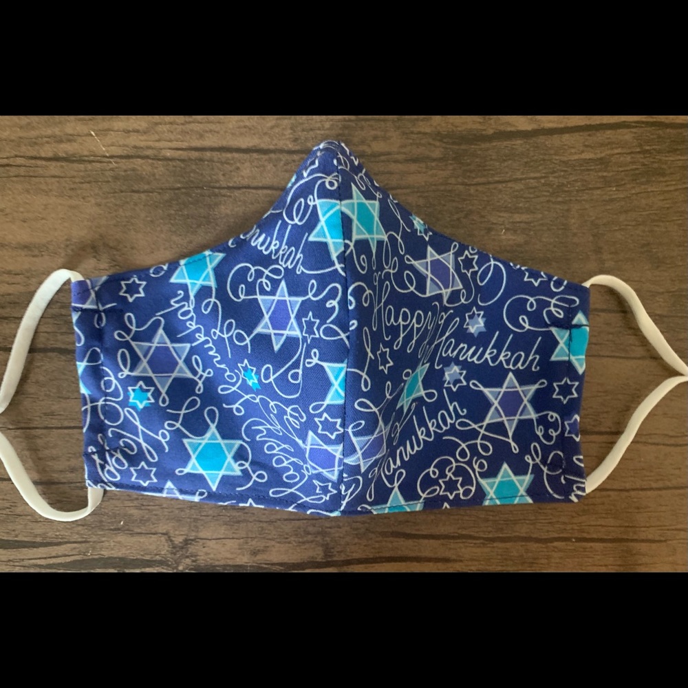 Fitted Hanukkah mask with filter pocket, nose wire , and adjustable ear loops